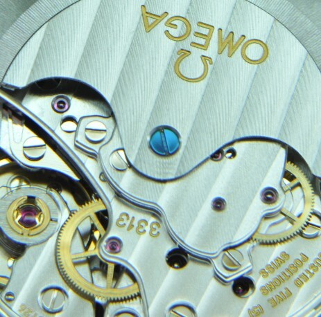 Closeup image of the modern 3313 automatic chronograph movement from Omega